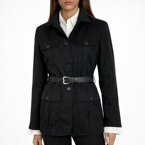 Ralph Lauren Black 100% Silk Field Jacket Utility Belted Safari Coat SZ M